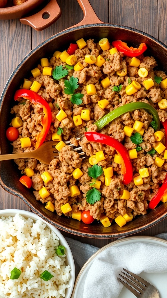 A savory ground turkey skillet with bell peppers and corn, garnished with herbs, served with rice.